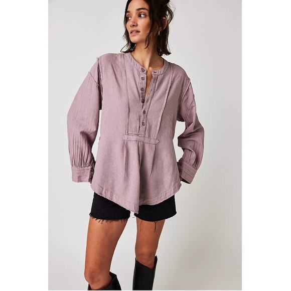 Free People Edge Washed Pure Cotton Flowing Half Button Blouse - Picture 2 of 13